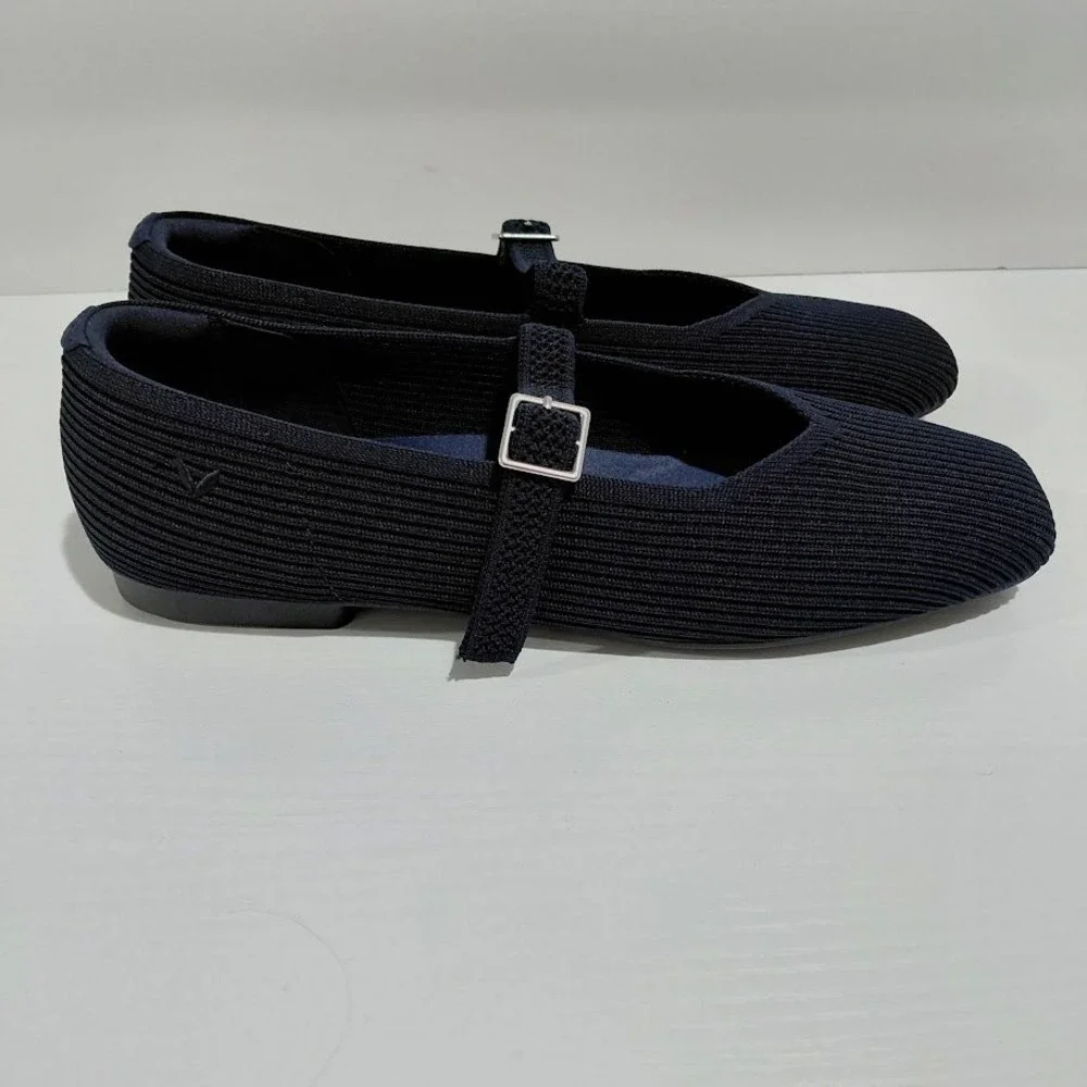 Vivaia Margot Mary Jane Flats Navy Blue Ribbed Knit Square Toe Sustainable 39.5 - Picture 8 of 13